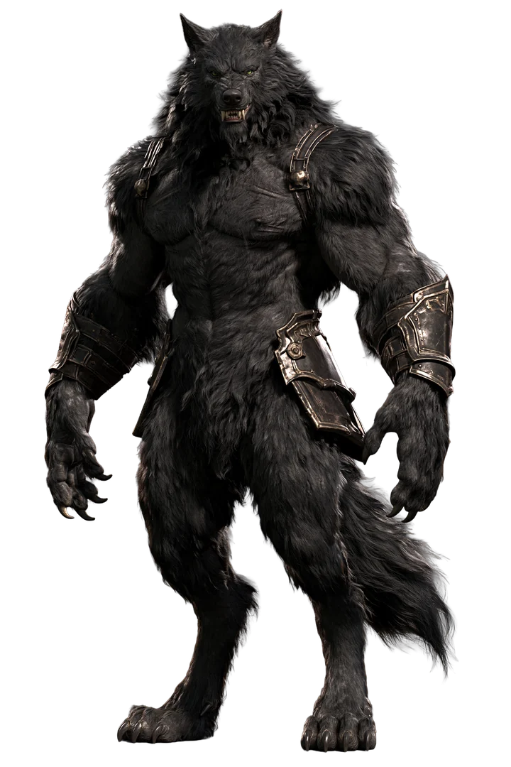Dark-furred werewolf character with a muscular build and leather armour.